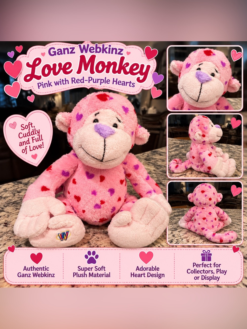 Ganz Webkinz Love Monkey Plush - Pink with Red & Purple Hearts